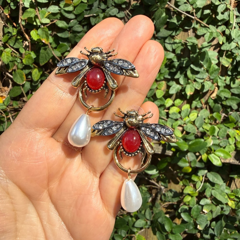 Bee Drop Earrings with Red and Pearl Accents - Picture 4 of 6